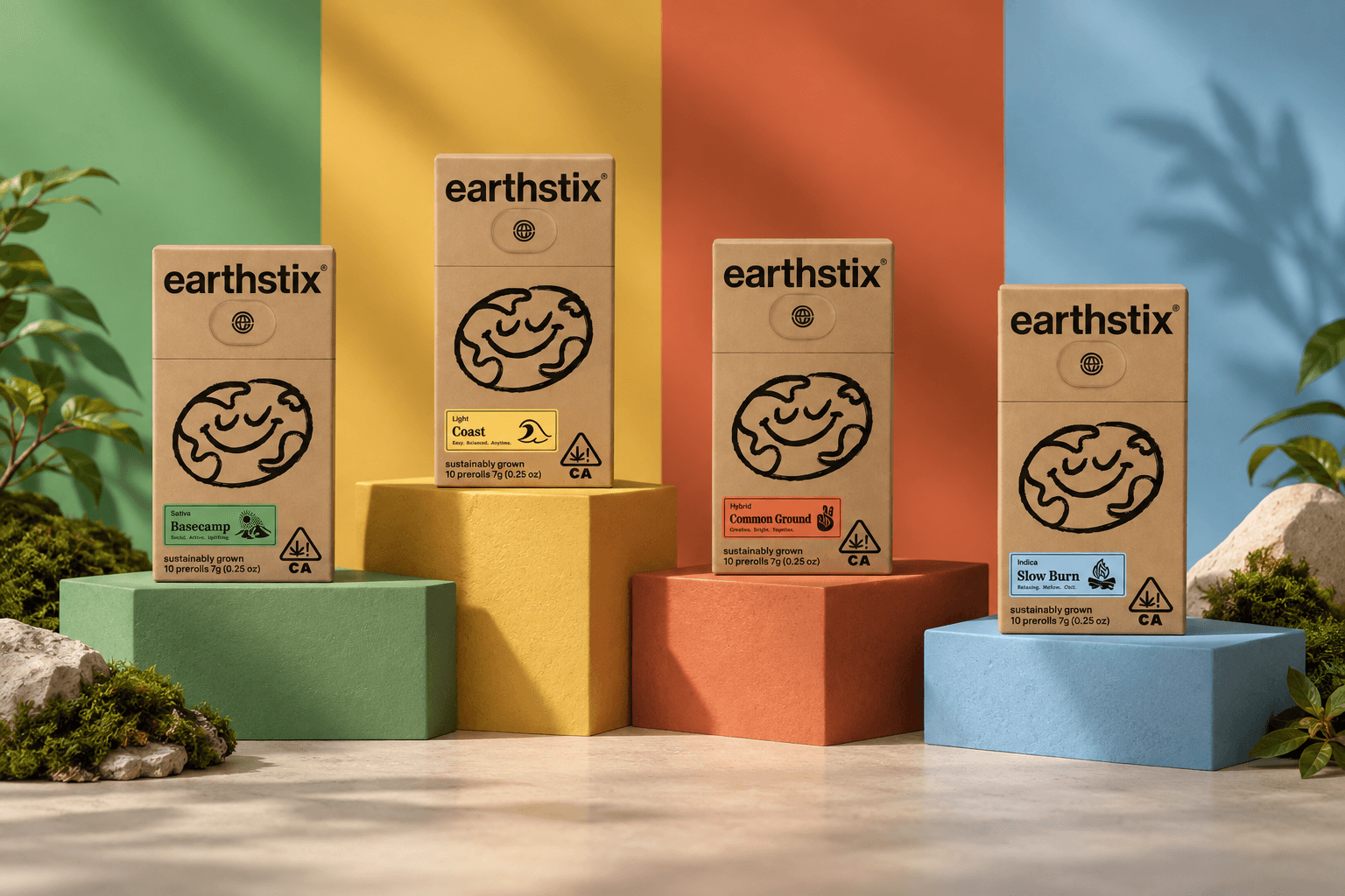The four Earthstix packs, Basecamp, Coast, Common Ground and Afterglow, each on a block in its sticker color